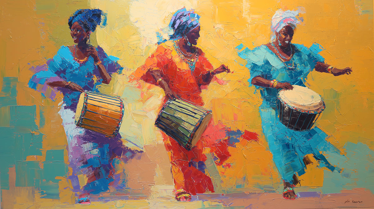 Vibrant African Dancers Palette Knife Oil Painting Mural Wallpaper | Colorful Cultural Art