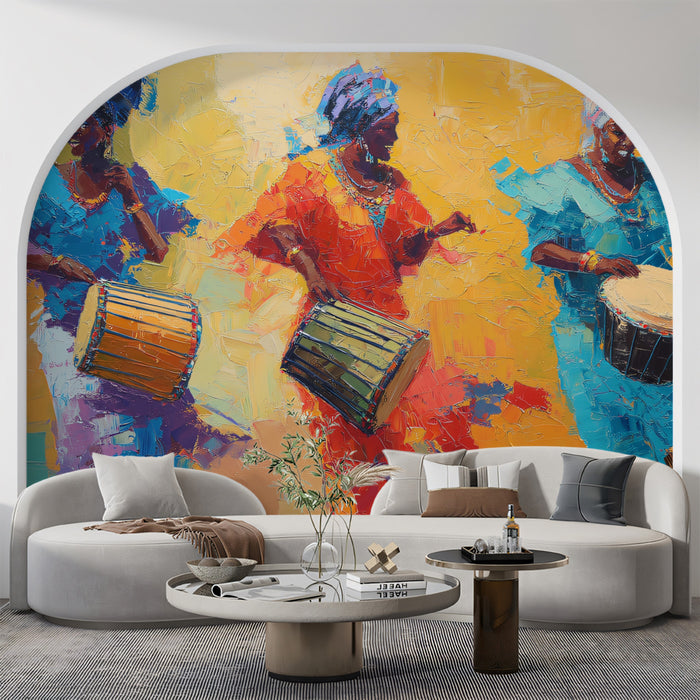 Vibrant African Dancers Palette Knife Oil Painting Mural Wallpaper | Colorful Cultural Art