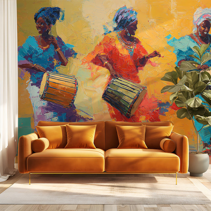Vibrant African Dancers Palette Knife Oil Painting Mural Wallpaper | Colorful Cultural Art