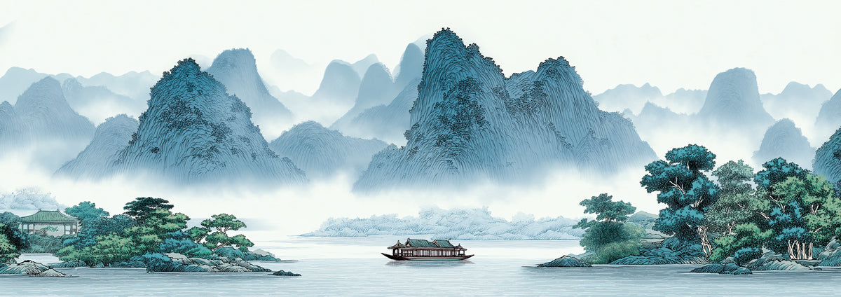 Traditional Chinese Blue Green Landscape Painting Mural Wallpaper | Misty Mountains and Boat