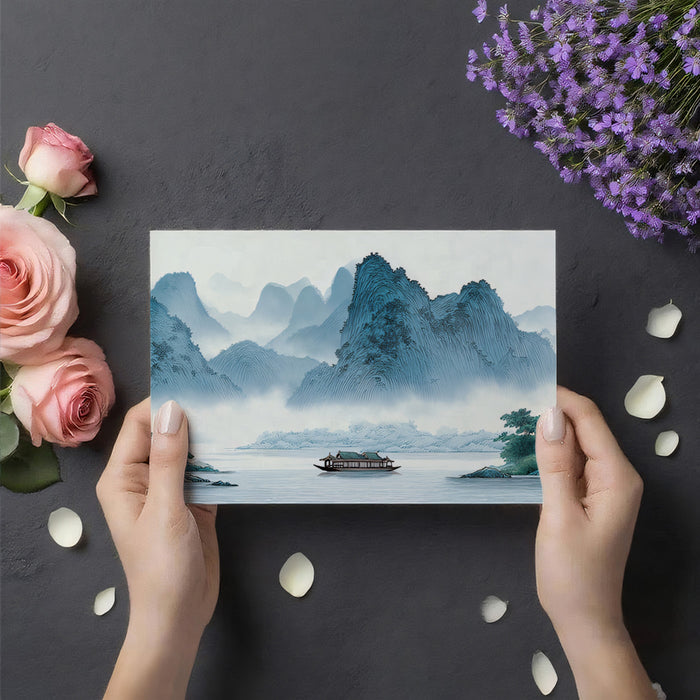 Traditional Chinese Blue Green Landscape Painting Mural Wallpaper | Misty Mountains and Boat