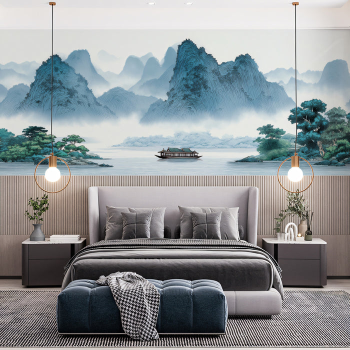 Traditional Chinese Blue Green Landscape Painting Mural Wallpaper | Misty Mountains and Boat