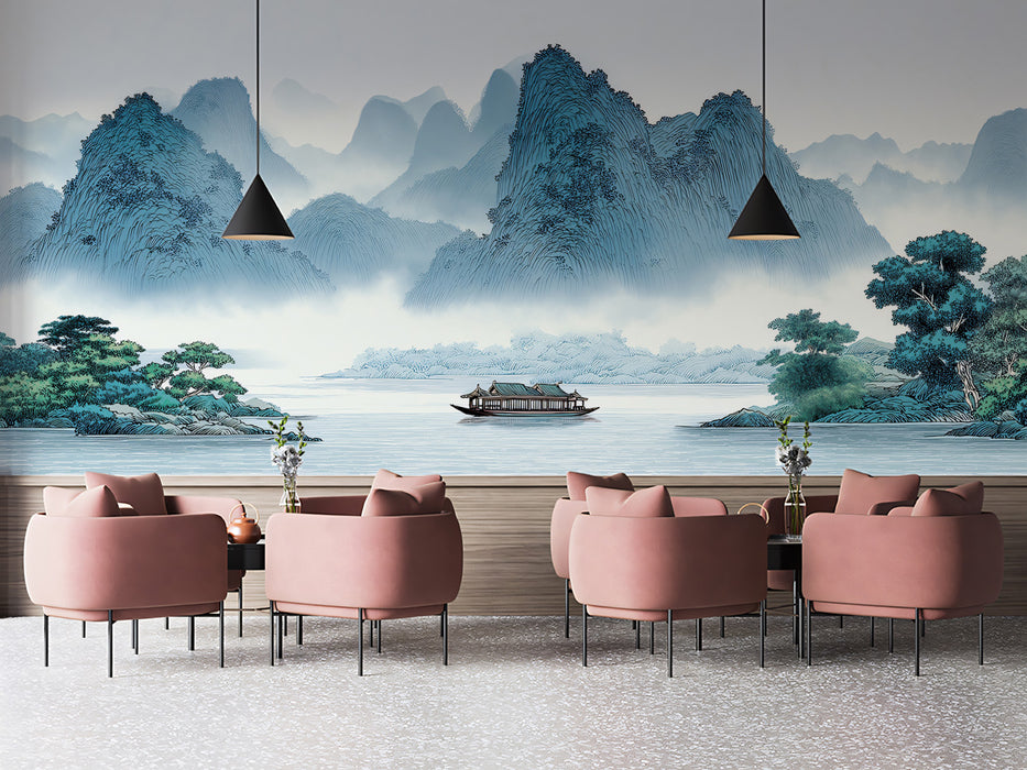 Traditional Chinese Blue Green Landscape Painting Mural Wallpaper | Misty Mountains and Boat
