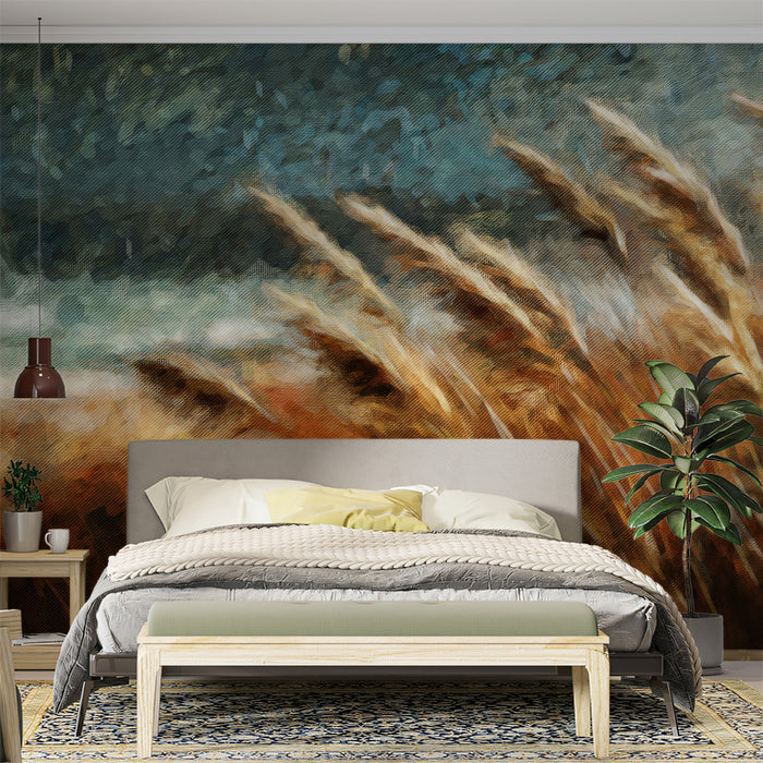 Impressionist Golden Grass Field Oil Painting Mural Wallpaper | Textured Nature Art