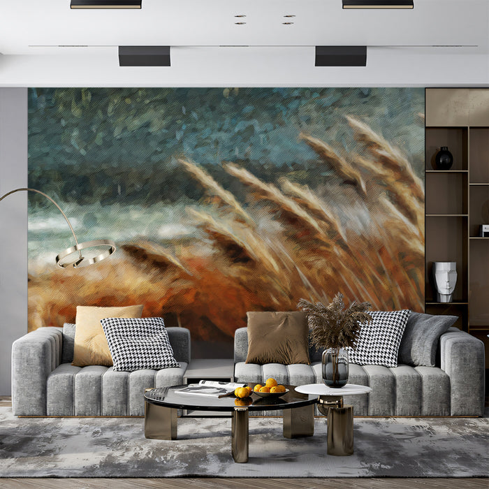 Impressionist Golden Grass Field Oil Painting Mural Wallpaper | Textured Nature Art