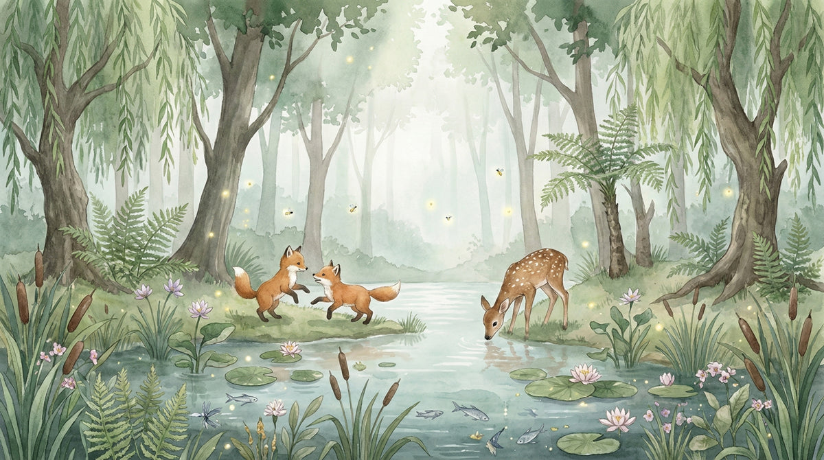 Watercolor Woodland Animals by the Stream Mural Wallpaper | Peaceful Nursery Scene