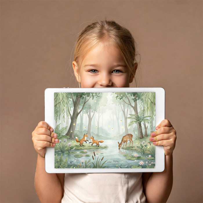 Watercolor Woodland Animals by the Stream Mural Wallpaper | Peaceful Nursery Scene
