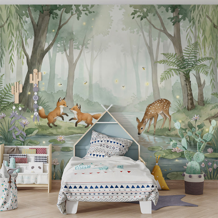 Watercolor Woodland Animals by the Stream Mural Wallpaper | Peaceful Nursery Scene