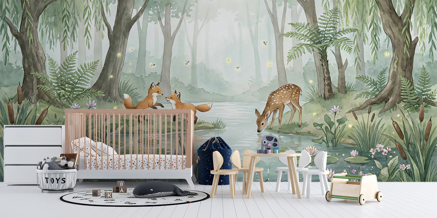 Watercolor Woodland Animals by the Stream Mural Wallpaper | Peaceful Nursery Scene
