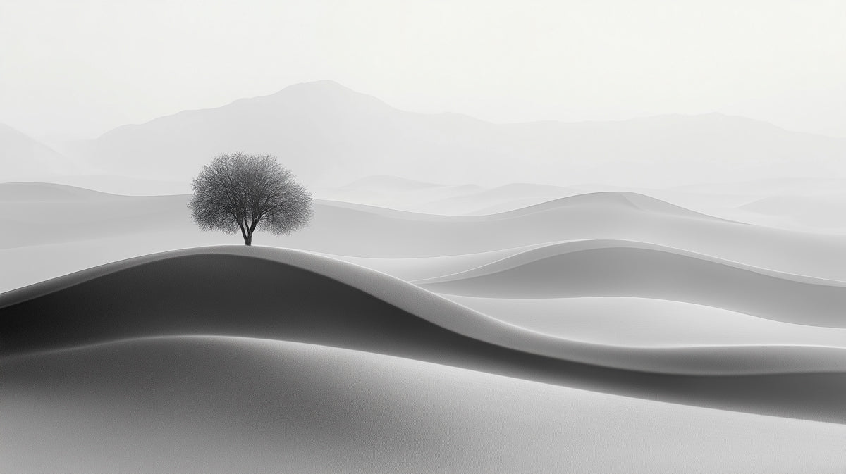 Black and White Solitary Tree in Desert Dunes Mural Wallpaper | Minimalist Landscape