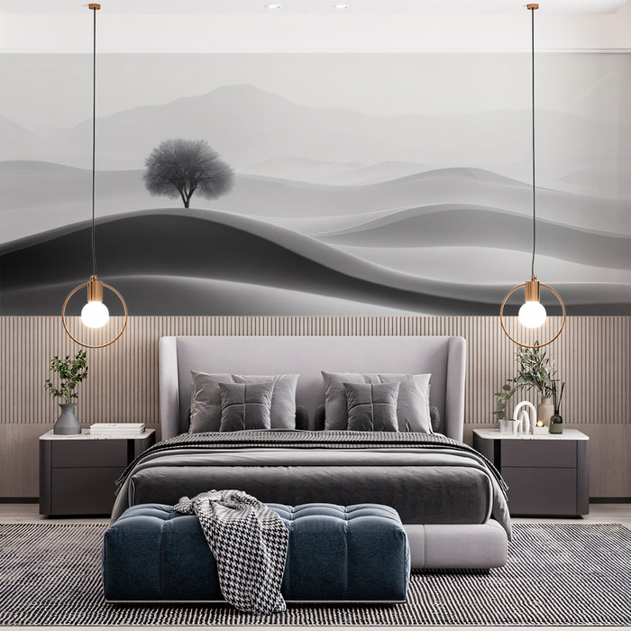 Black and White Solitary Tree in Desert Dunes Mural Wallpaper | Minimalist Landscape