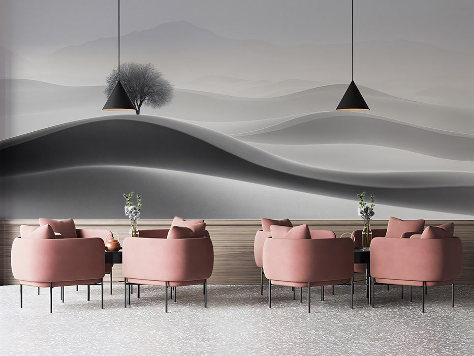 Black and White Solitary Tree in Desert Dunes Mural Wallpaper | Minimalist Landscape