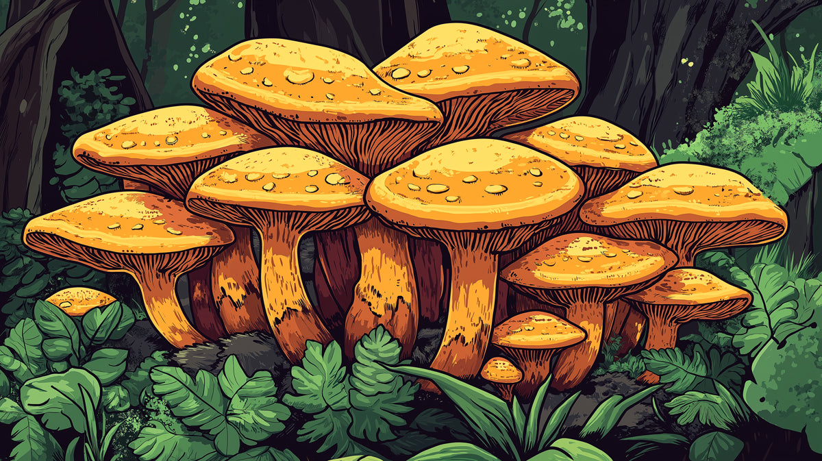 Vibrant Orange Mushrooms in Dark Forest Mural Wallpaper | Fantasy Nature Vector Art