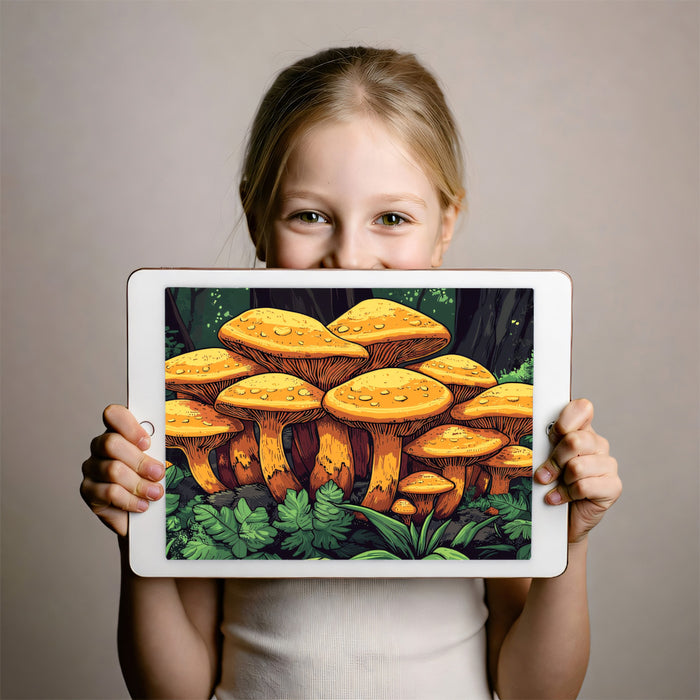 Vibrant Orange Mushrooms in Dark Forest Mural Wallpaper | Fantasy Nature Vector Art