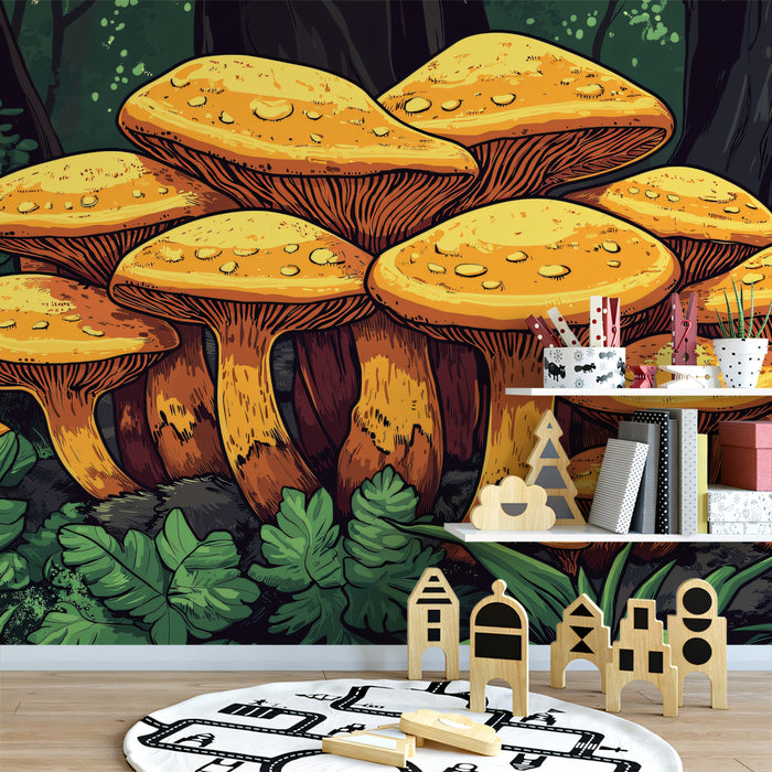 Vibrant Orange Mushrooms in Dark Forest Mural Wallpaper | Fantasy Nature Vector Art