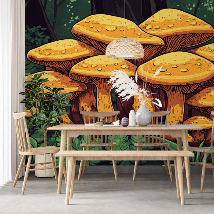 Vibrant Orange Mushrooms in Dark Forest Mural Wallpaper | Fantasy Nature Vector Art