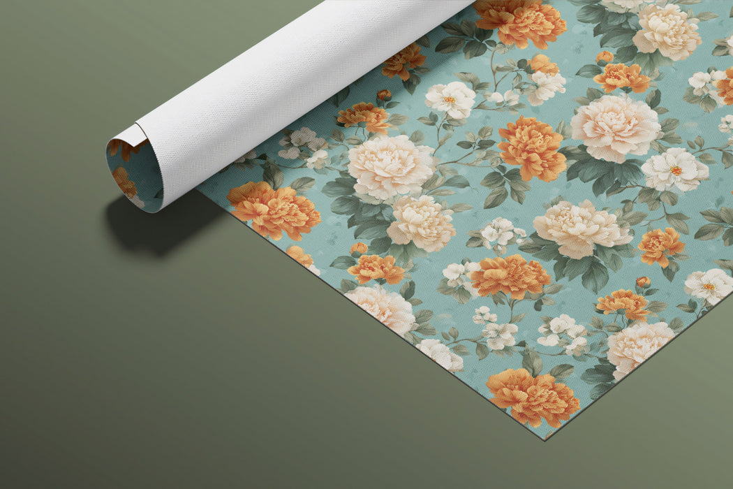 Vintage Teal and Orange Peony Repeat Pattern Mural Wallpaper | Retro Floral Design