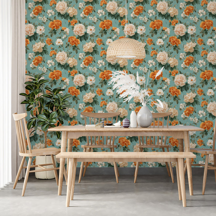 Vintage Teal and Orange Peony Repeat Pattern Mural Wallpaper | Retro Floral Design