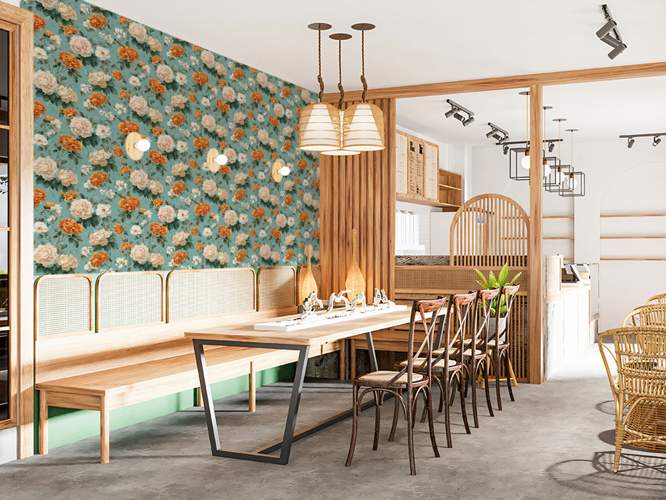 Vintage Teal and Orange Peony Repeat Pattern Mural Wallpaper | Retro Floral Design