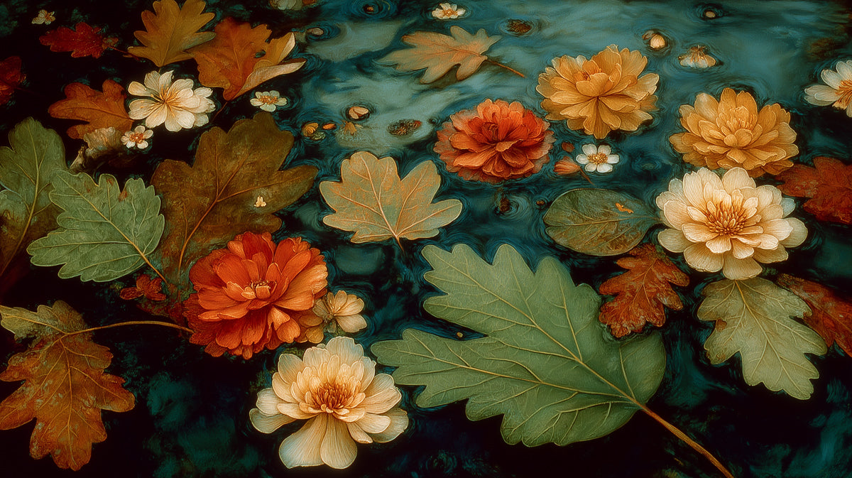 Floating Flowers and Leaves on Dark Water Mural Wallpaper | Moody Botanical Art