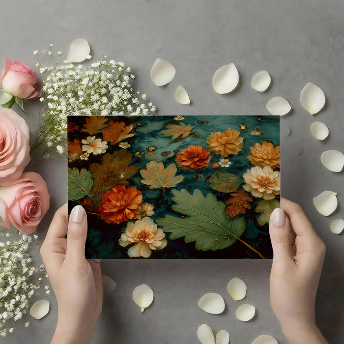 Floating Flowers and Leaves on Dark Water Mural Wallpaper | Moody Botanical Art