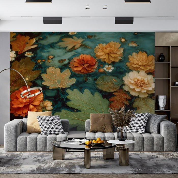 Floating Flowers and Leaves on Dark Water Mural Wallpaper | Moody Botanical Art