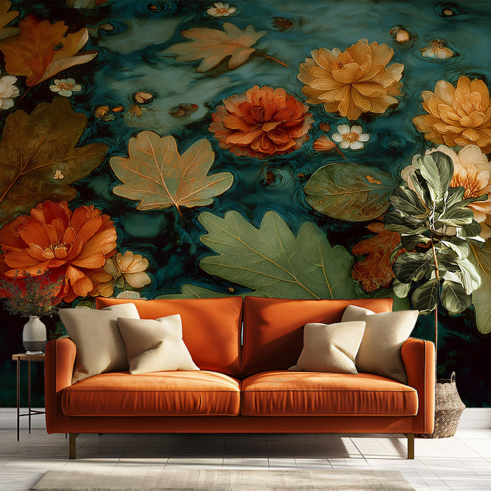 Floating Flowers and Leaves on Dark Water Mural Wallpaper | Moody Botanical Art