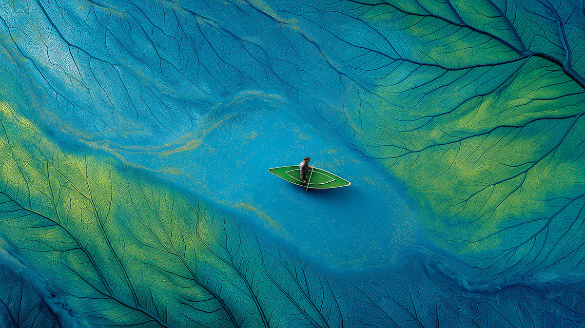 Surreal Leaf Vein Boat Aerial View Mural Wallpaper | Blue Green Texture Art