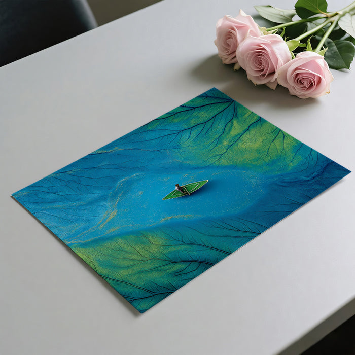Surreal Leaf Vein Boat Aerial View Mural Wallpaper | Blue Green Texture Art