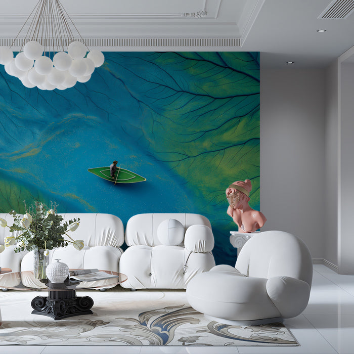 Surreal Leaf Vein Boat Aerial View Mural Wallpaper | Blue Green Texture Art