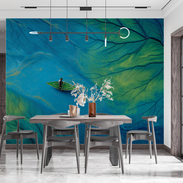 Surreal Leaf Vein Boat Aerial View Mural Wallpaper | Blue Green Texture Art