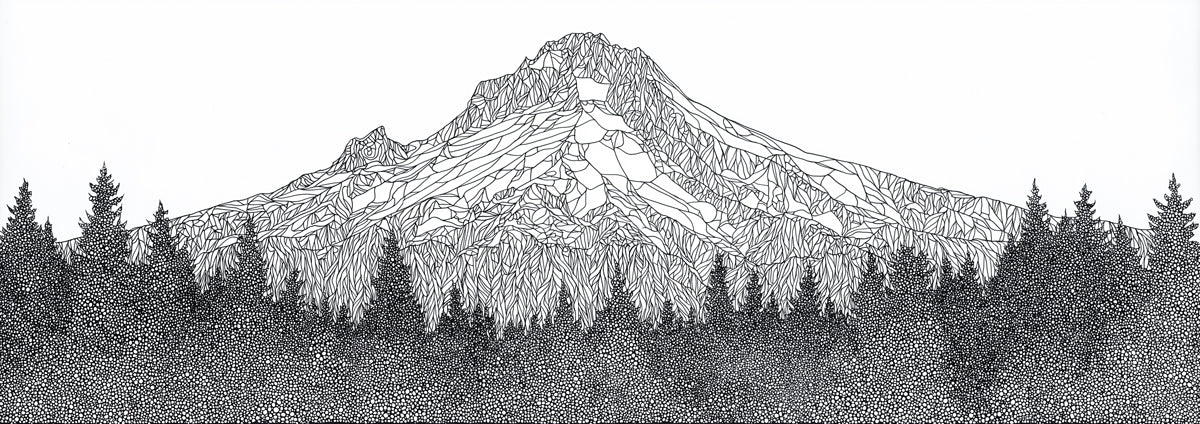 Black and White Stipple Mountain Range Mural Wallpaper | Detailed Nature Sketch