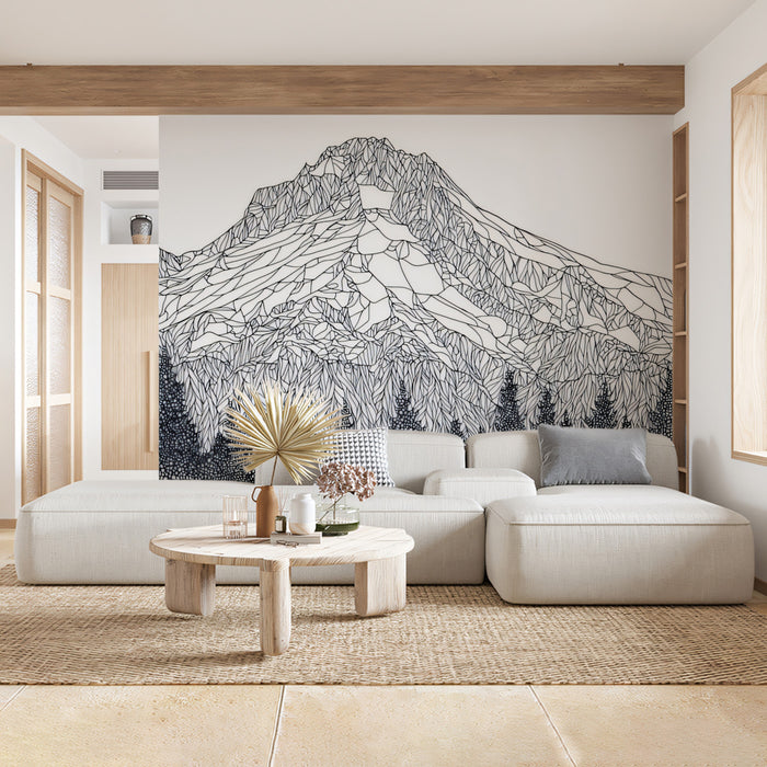 Black and White Stipple Mountain Range Mural Wallpaper | Detailed Nature Sketch