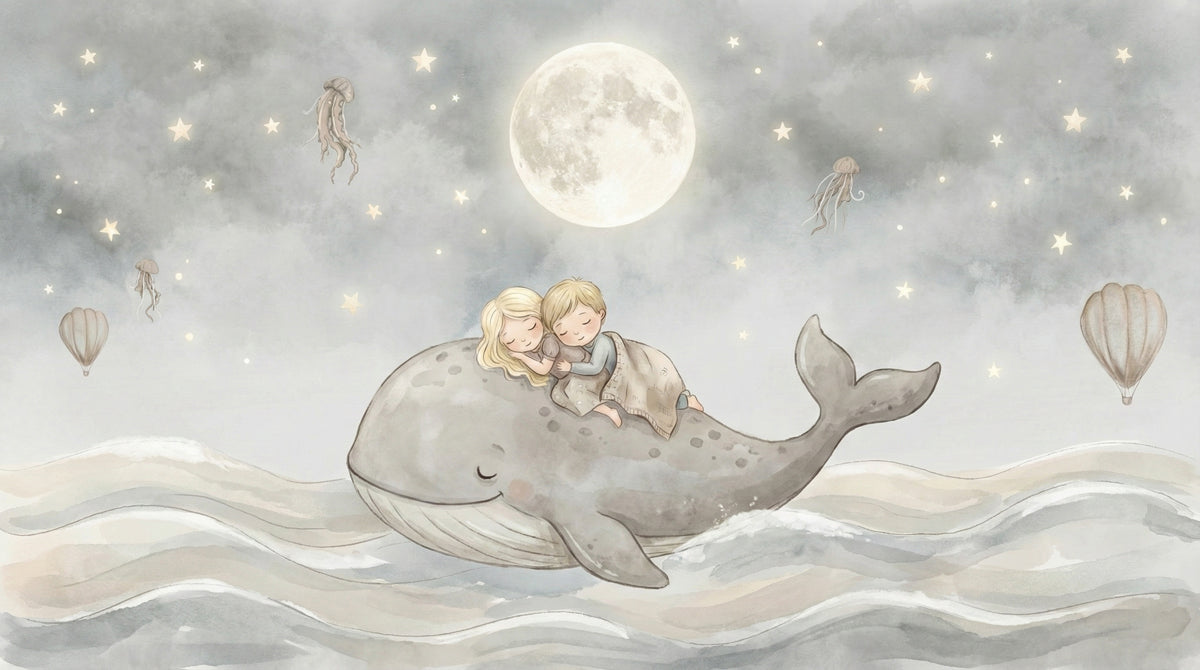Whimsical Children Sleeping on Whale Mural Wallpaper | Dreamy Moonlit Nursery Art
