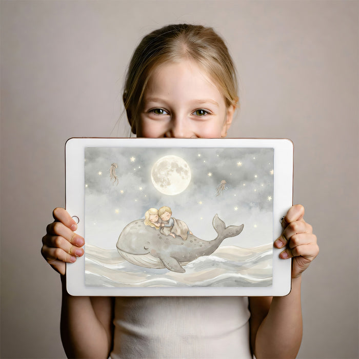 Whimsical Children Sleeping on Whale Mural Wallpaper | Dreamy Moonlit Nursery Art