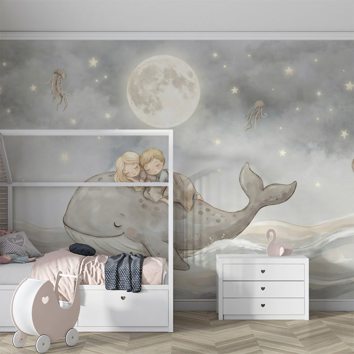 Whimsical Children Sleeping on Whale Mural Wallpaper | Dreamy Moonlit Nursery Art