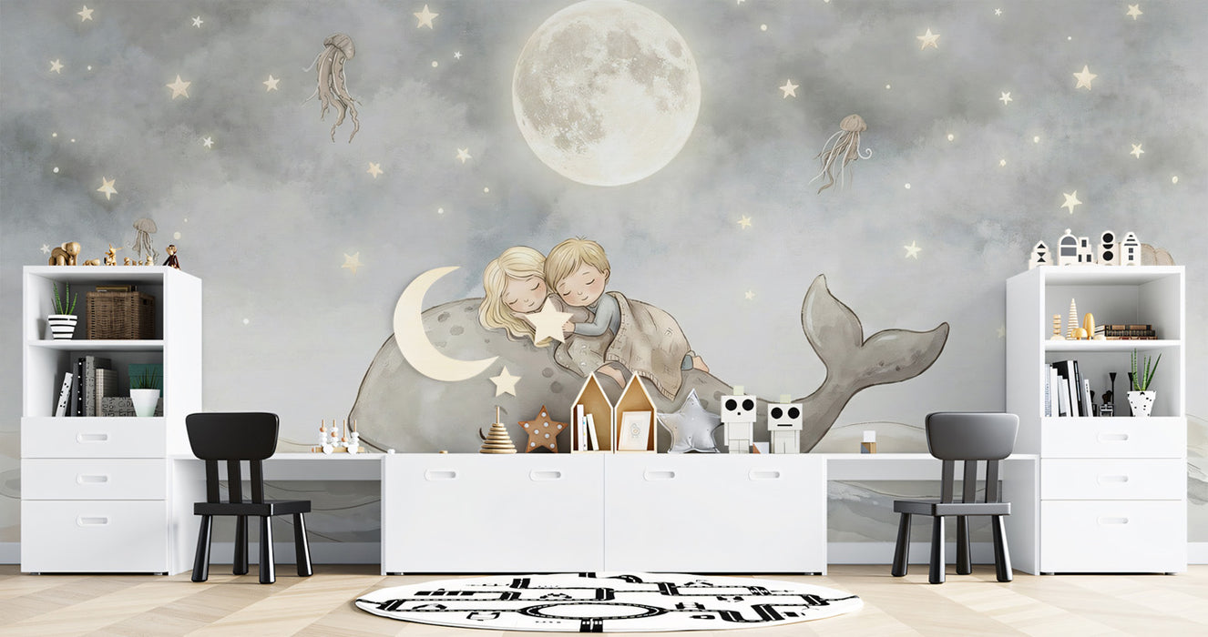 Whimsical Children Sleeping on Whale Mural Wallpaper | Dreamy Moonlit Nursery Art