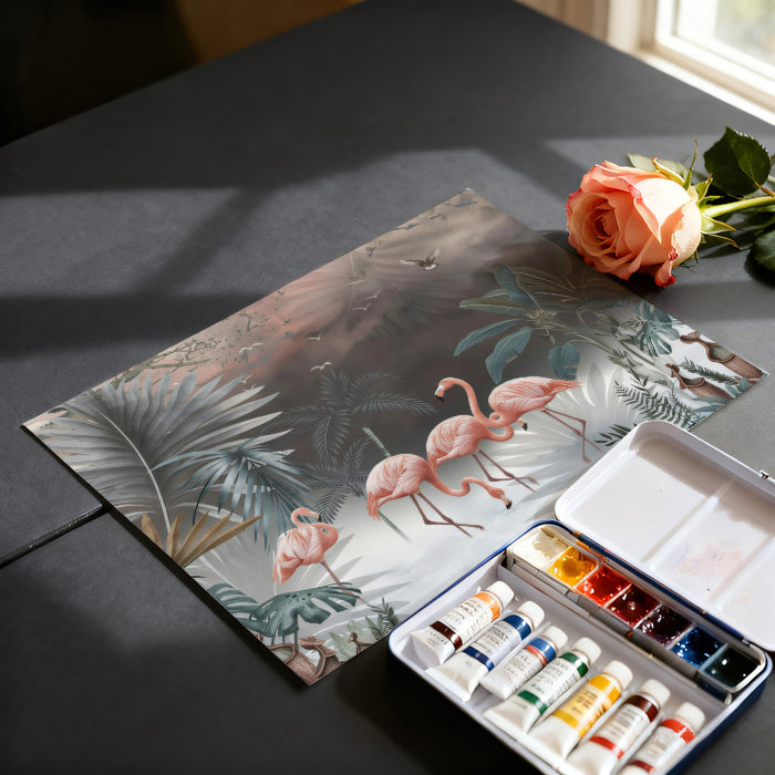 Vintage Pink Flamingo Tropical Jungle Mural Wallpaper | Moody Exotic Art