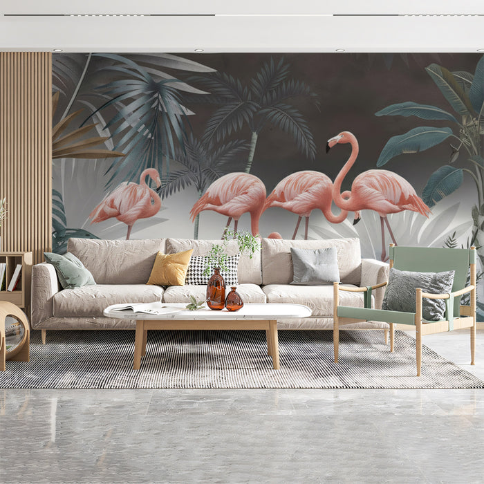 Vintage Pink Flamingo Tropical Jungle Mural Wallpaper | Moody Exotic Art