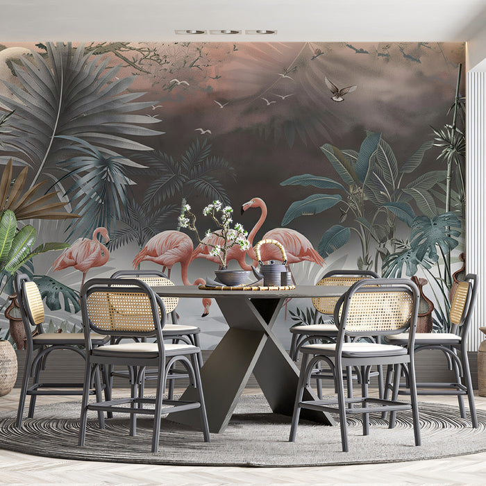 Vintage Pink Flamingo Tropical Jungle Mural Wallpaper | Moody Exotic Art