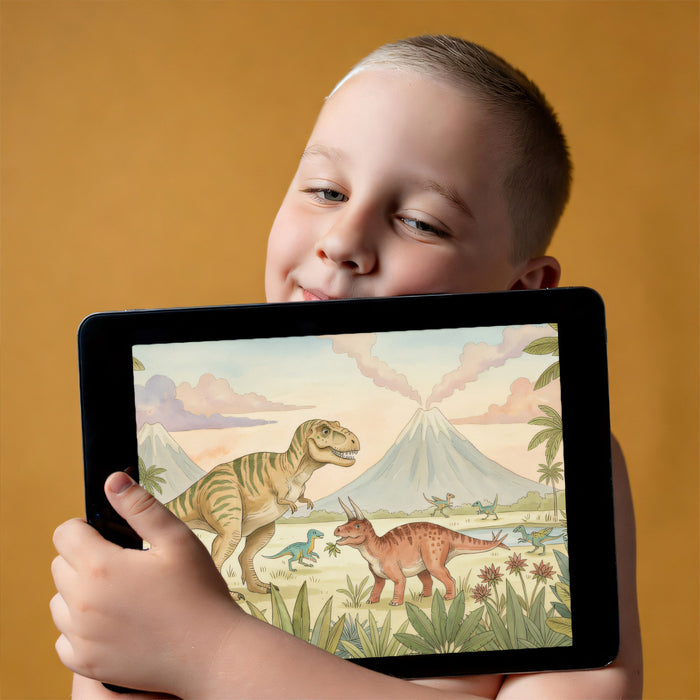 Watercolor Prehistoric Landscape with Dinosaurs Mural Wallpaper | Kids Educational Art