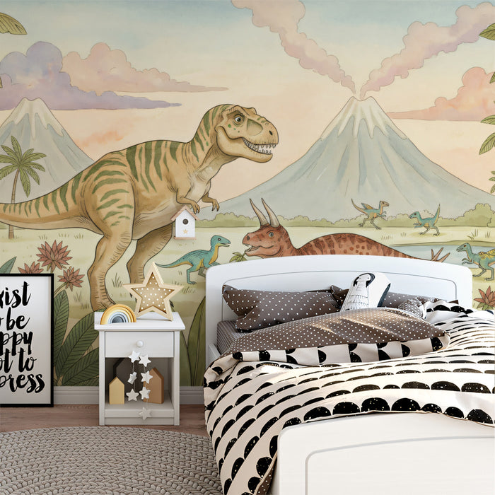 Watercolor Prehistoric Landscape with Dinosaurs Mural Wallpaper | Kids Educational Art