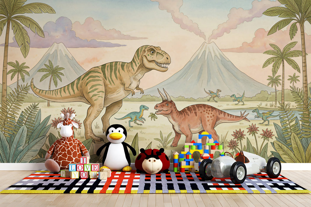 Watercolor Prehistoric Landscape with Dinosaurs Mural Wallpaper | Kids Educational Art