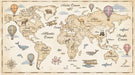 Vintage world map mural wallpaper in cream and parchment tones featuring illustrated animals and hot air balloons.