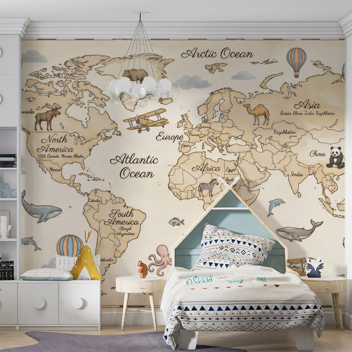 A cozy nursery room wall covered in a vintage map mural with neutral wood accents and soft lighting.