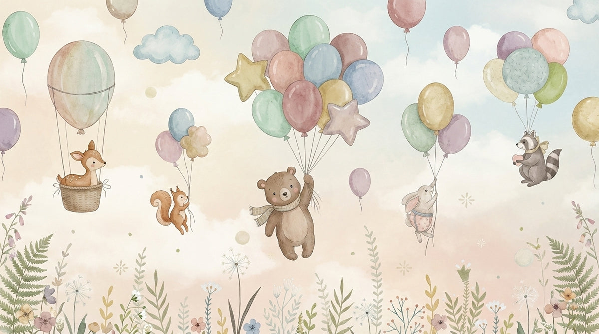 Watercolor Animals with Balloons in Sky Mural Wallpaper | Cute Pastel Nursery Art