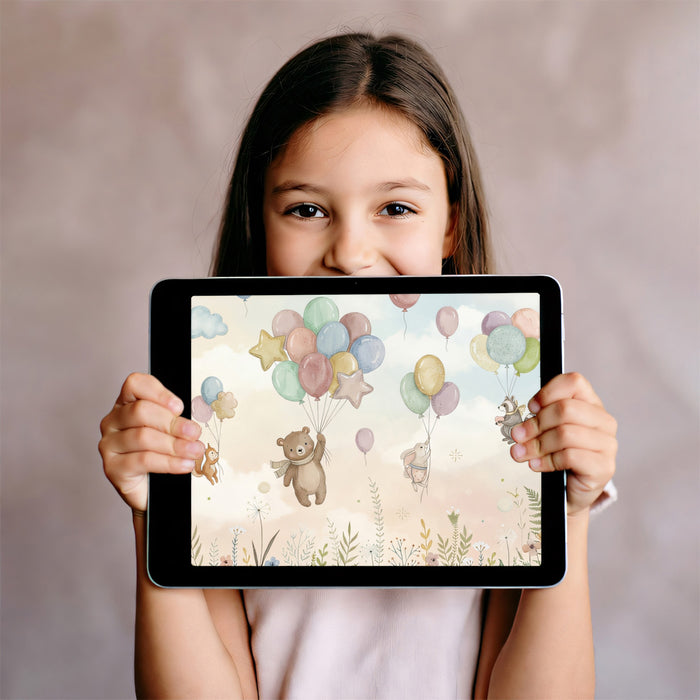 Watercolor Animals with Balloons in Sky Mural Wallpaper | Cute Pastel Nursery Art