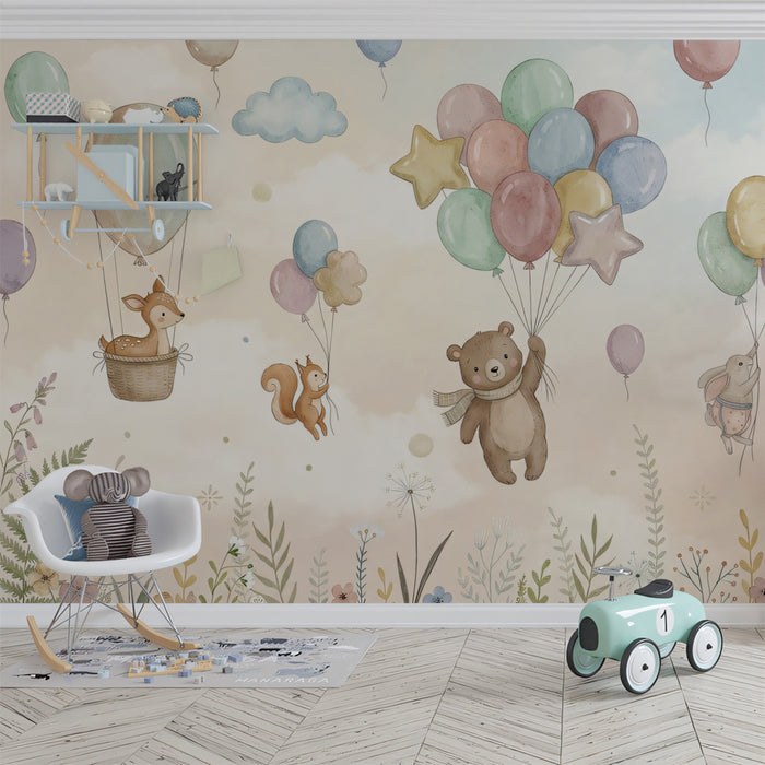 Watercolor Animals with Balloons in Sky Mural Wallpaper | Cute Pastel Nursery Art