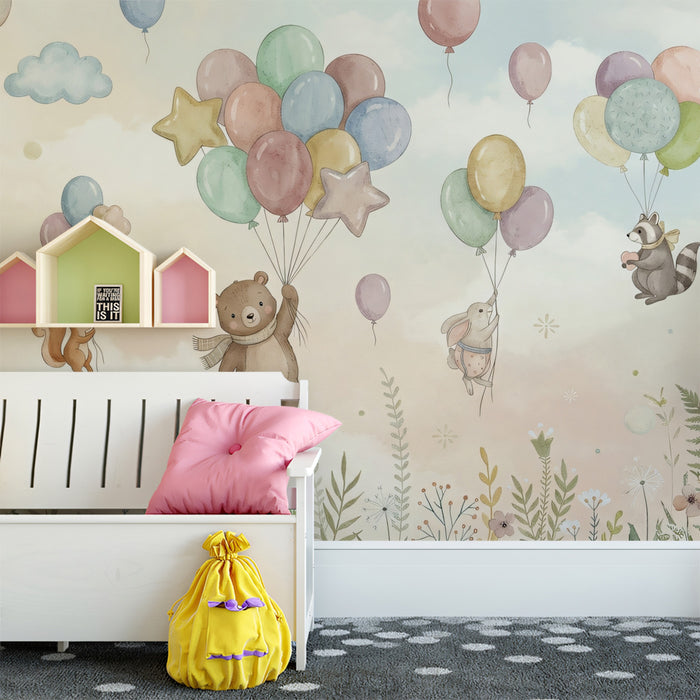 Watercolor Animals with Balloons in Sky Mural Wallpaper | Cute Pastel Nursery Art