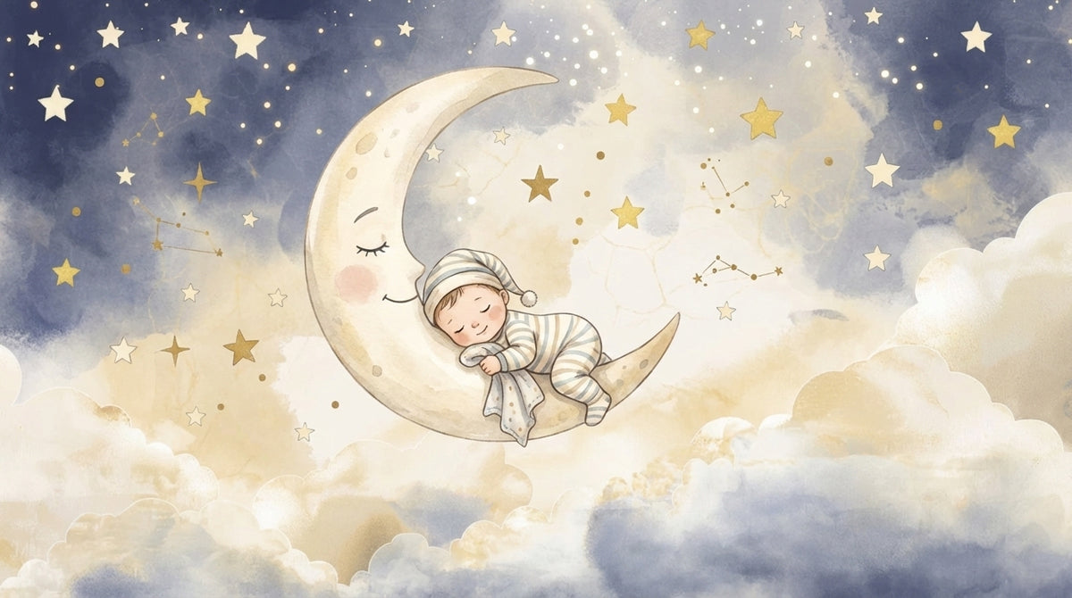 Sleeping Baby on Crescent Moon Watercolor Mural Wallpaper | Starry Night Nursery Theme